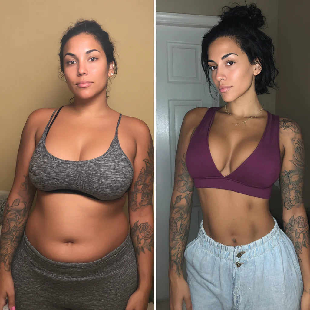 Before and after comparison of a woman wearing sports bras and pants.